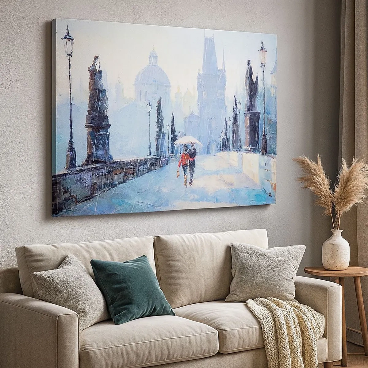 Vászonkép - Romantikus pár egy hídon az esőben, festői jelenet - 70x50cm - Az eső biztosan elvarázsolt minket - Modern fali dekoráció nappalihoz és hálószobához ARTTOR