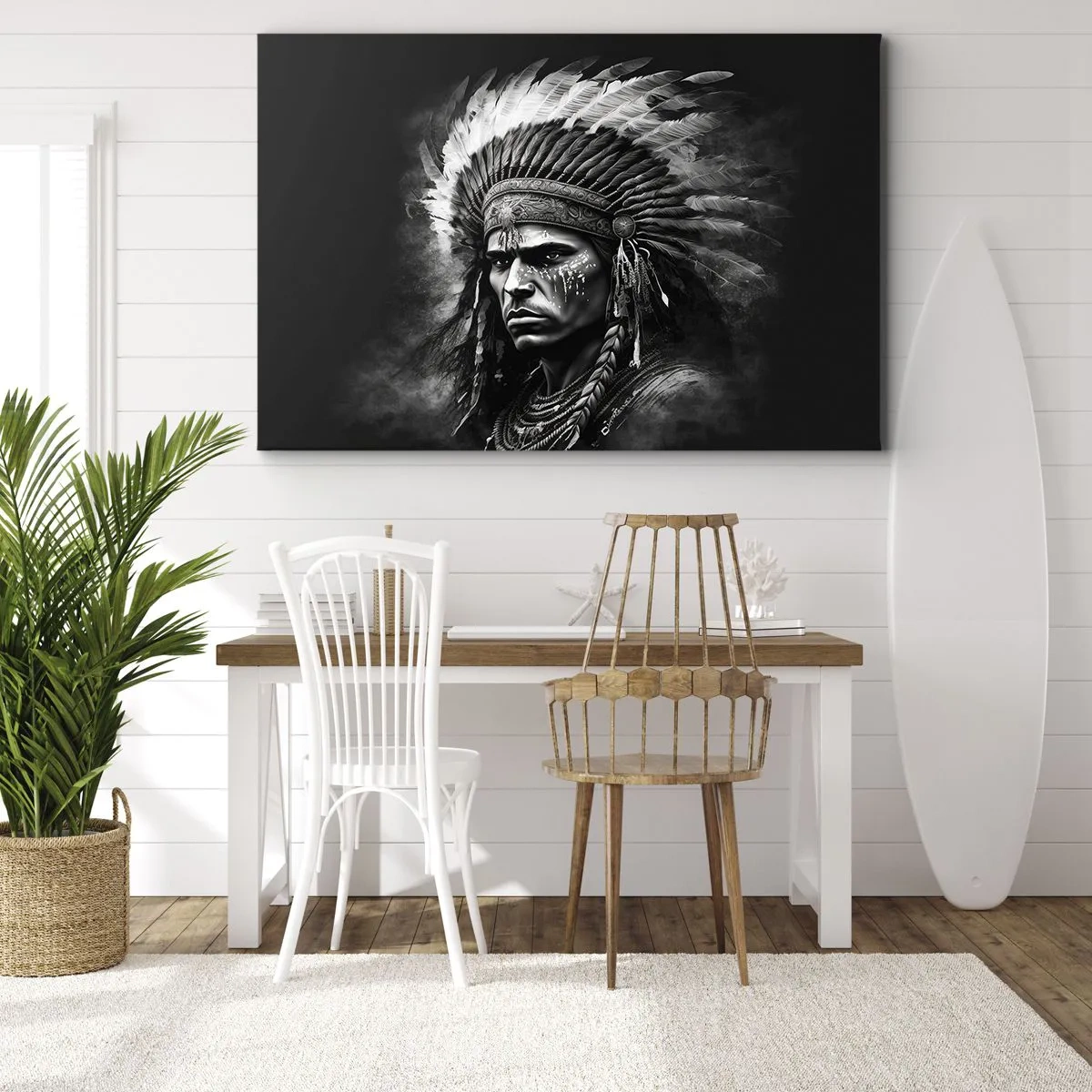 Vászonkép - Portré egy főnökről tollas fejdísszel, fekete háttér előtt - 70x50cm - Vezér és harcos - Modern fali dekoráció nappalihoz és hálószobához ARTTOR