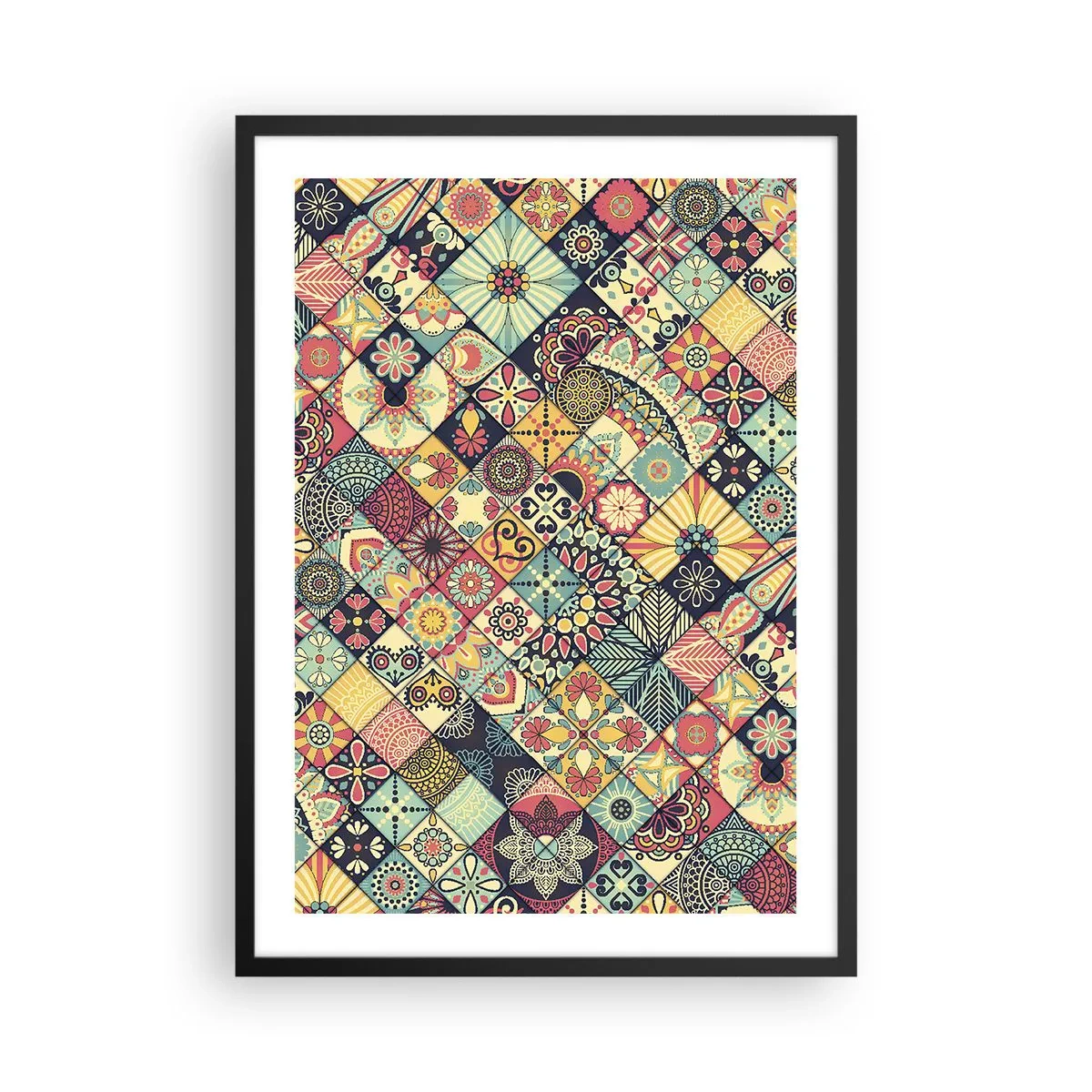 Poszter fehér keretben - Színes mozaikszerű minta - 50x70cm - Marokkói hangulat - Modern fali dekoráció nappalihoz és hálószobához ARTTOR