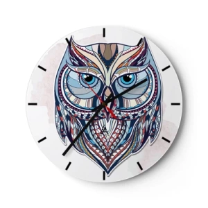 Falióra, Óra - Színes bagoly geometrikus stílusban fehér alapon - 30x30cm - Kidolgozott díszbagoly - Modern fali dekoráció nappalihoz, konyhához és hálószobához ARTTOR