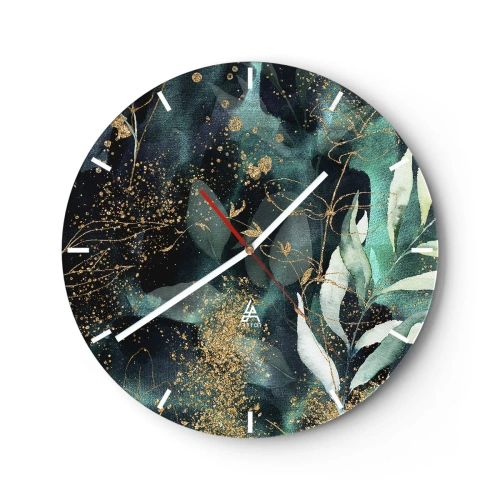 Falióra, Óra - Zöld levelek és arany díszítések sötét háttéren - 30x30cm - Elvarázsolt kert - Modern fali dekoráció nappalihoz, konyhához és hálószobához ARTTOR
