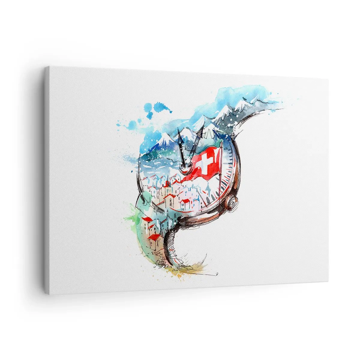 Vászonkép - Svájc akvarell tájképe óraszerkezettel - 70x50cm - Svájci szellemiség - Modern fali dekoráció nappalihoz és hálószobához ARTTOR