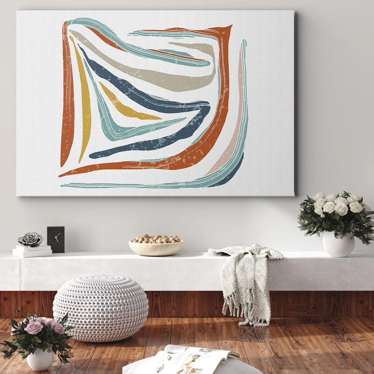 Vászonkép - Színes, dinamikus vonalak kék, narancs és bézs árnyalatokban - 70x50cm - Barátságosan mosolygó absztrakció - Modern fali dekoráció nappalihoz és hálószobához ARTTOR