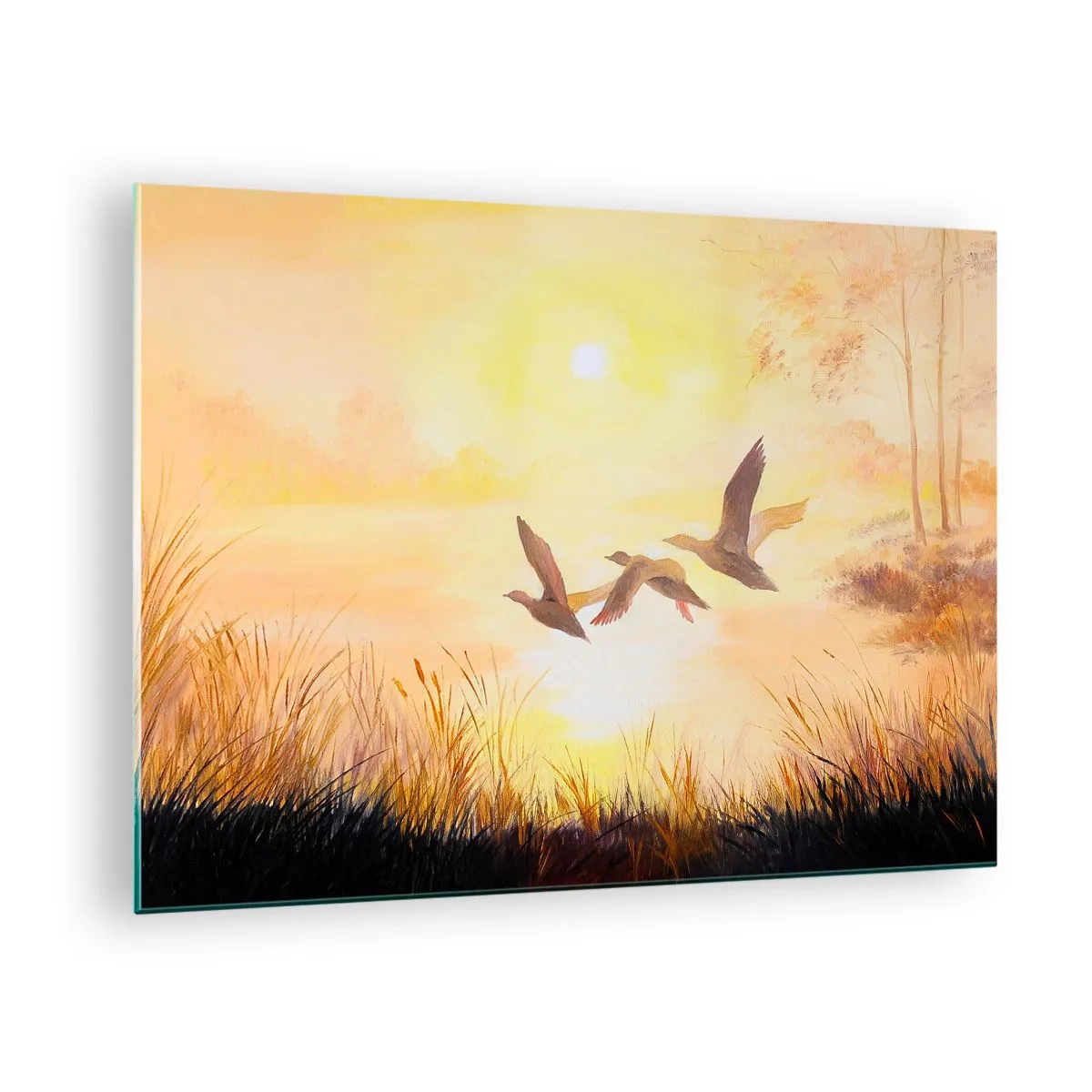 Üveg kép - Három kacsa repül át egy tó felett napfelkeltekor - 70x50cm - Egy hosszú utazás kezdete - Modern fali dekoráció nappalihoz és hálószobához ARTTOR