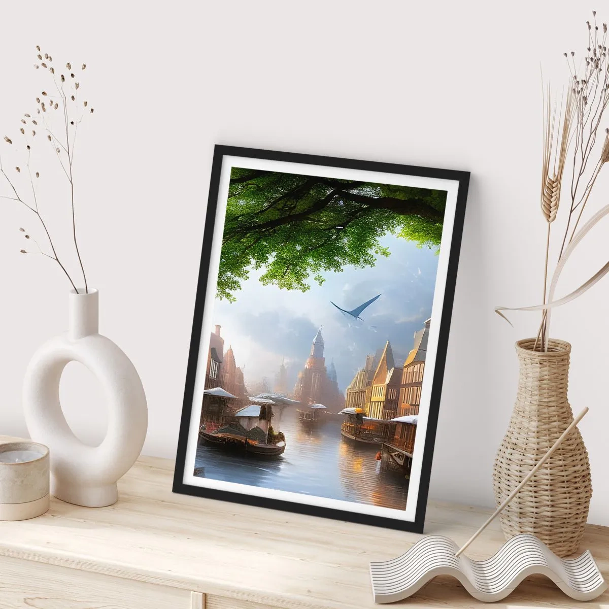 Poszter fehér keretben - Festői kilátás a csatornára történelmi építészettel - 50x70cm - Holland városkép - Modern fali dekoráció nappalihoz és hálószobához ARTTOR