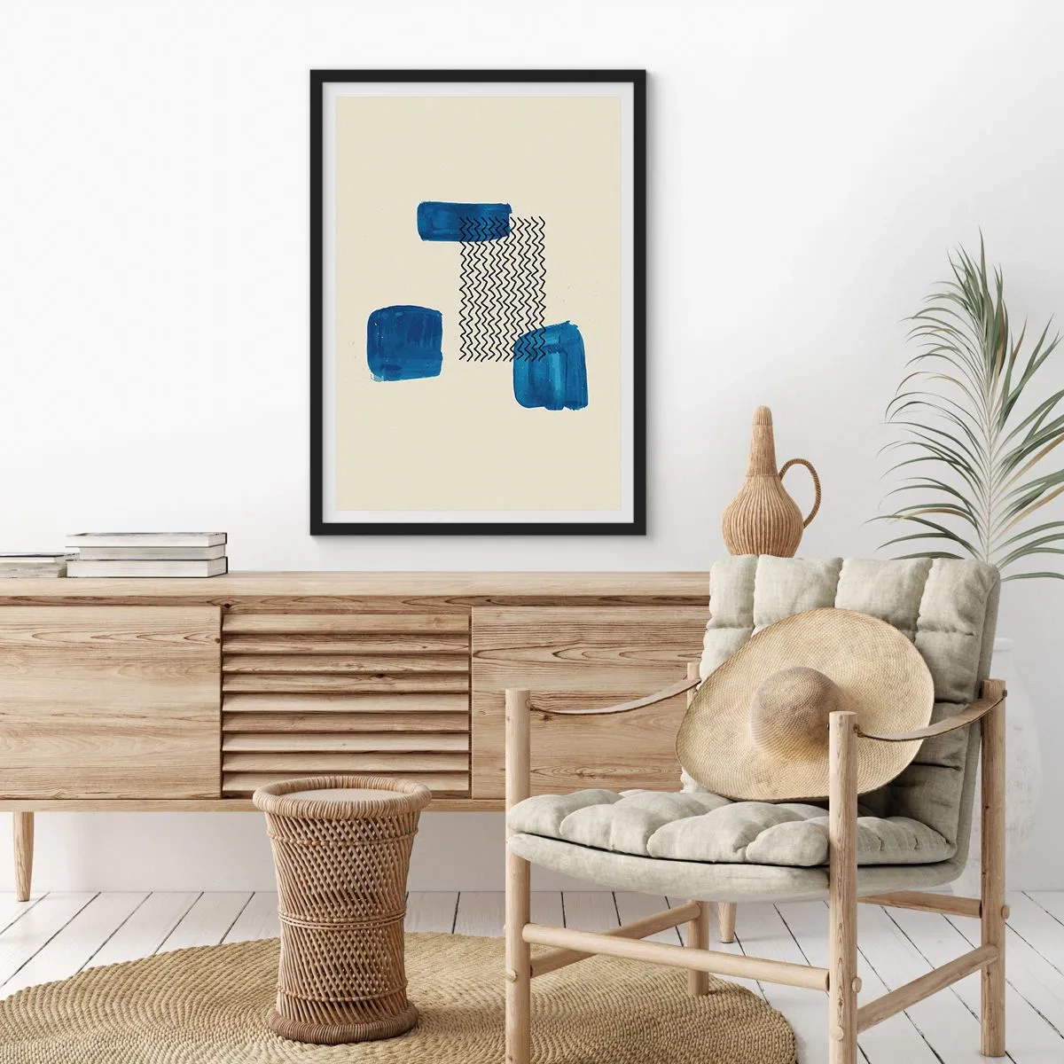 Poszter fehér keretben - Absztrakt kompozíció sötétkék árnyalatokban vonalakkal - 50x70cm - Absztrakt kvartett - Modern fali dekoráció nappalihoz és hálószobához ARTTOR