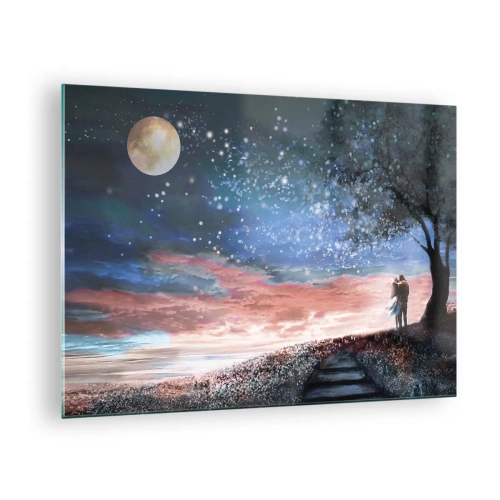 Üveg kép - Egy szerelmes pár egy fa alatt, a holddal és a csillagokkal - 70x50cm - Csillagos előadás - Modern fali dekoráció nappalihoz és hálószobához ARTTOR