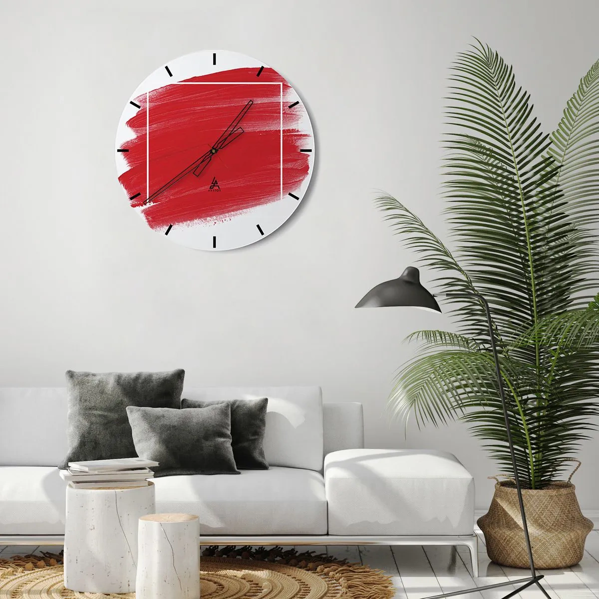 Falióra, Óra - Piros ecsetvonás keresztezi a fehér szegélyt - 30x30cm - A kereten kívül - Modern fali dekoráció nappalihoz, konyhához és hálószobához ARTTOR