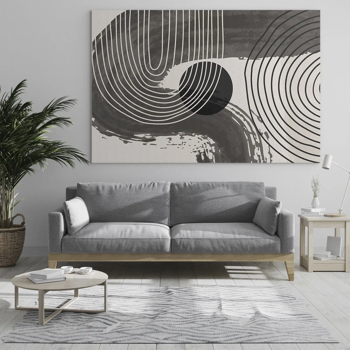 Üveg kép - Modern absztrakció fekete-fehér vonalakkal és oválissal - 70x50cm - Az ovális nyer - Modern fali dekoráció nappalihoz és hálószobához ARTTOR