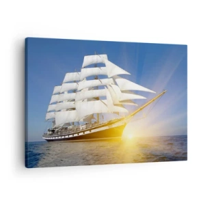 Vászonkép - Egy vitorlás hajó a tengeren a lenyugvó nap fényében - 70x50cm - Soha nem múlik el az idejük - Modern fali dekoráció nappalihoz és hálószobához ARTTOR