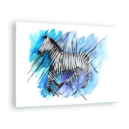 Üveg kép - Egy zebra művészi akvarell kompozícióban kék háttér előtt - 70x50cm - Csíkokba rejtve - Modern fali dekoráció nappalihoz és hálószobához ARTTOR