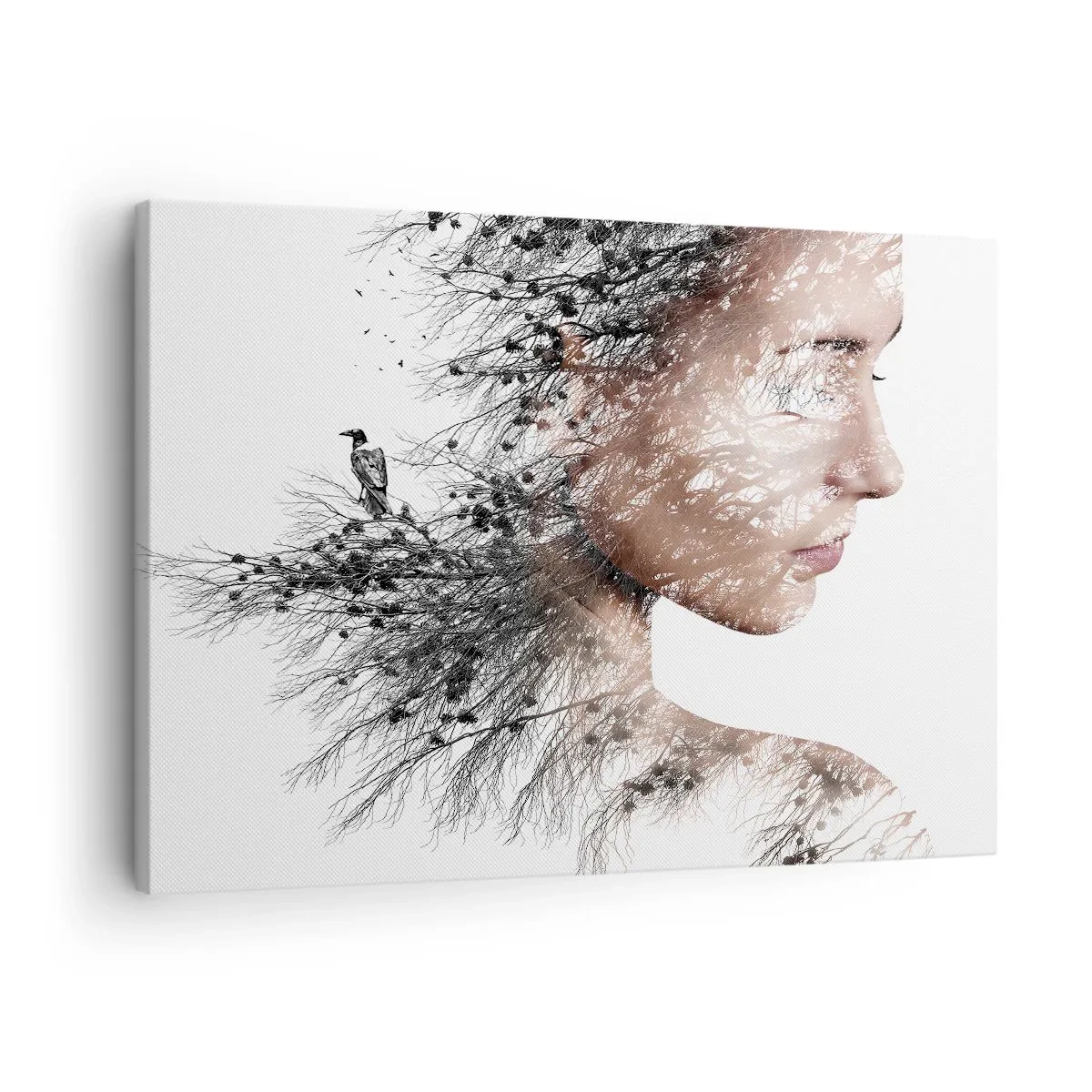Vászonkép - Nő sziluettje ággal és madármotívummal a háttérben - 70x50cm - Az erdő szelleme - Modern fali dekoráció nappalihoz és hálószobához ARTTOR