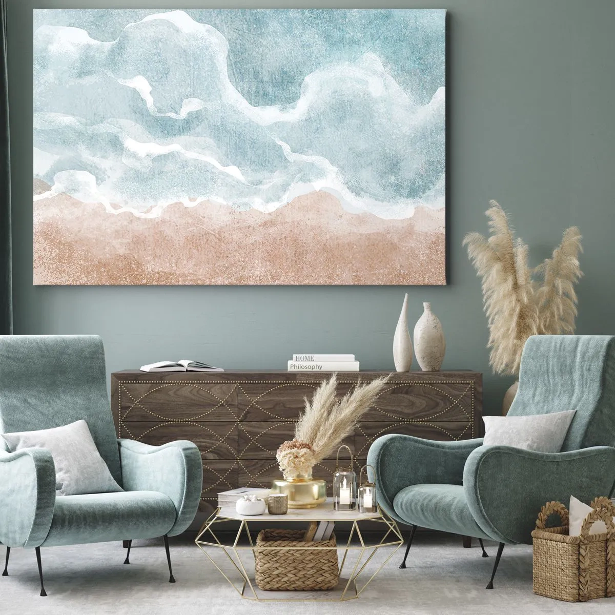 Vászonkép - Absztrakt strand kék és bézs árnyalatú hullámokkal - 70x50cm - Felhő absztrakció - Modern fali dekoráció nappalihoz és hálószobához ARTTOR