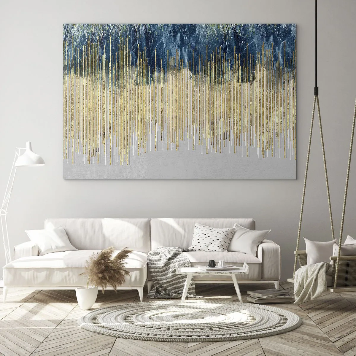 Üveg kép - Aranyszínű függőleges vonalak sötétkék erdős háttér előtt - 70x50cm - Aranyozott határ - Modern fali dekoráció nappalihoz és hálószobához ARTTOR