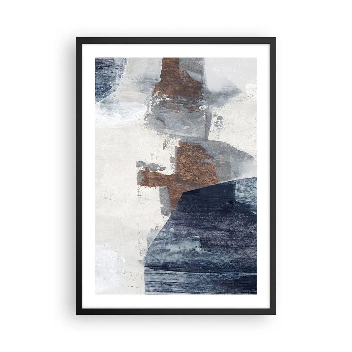 Poszter fehér keretben - Modern absztrakció barna és sötétkék árnyalatokban - 50x70cm - Kékes barna formák - Modern fali dekoráció nappalihoz és hálószobához ARTTOR
