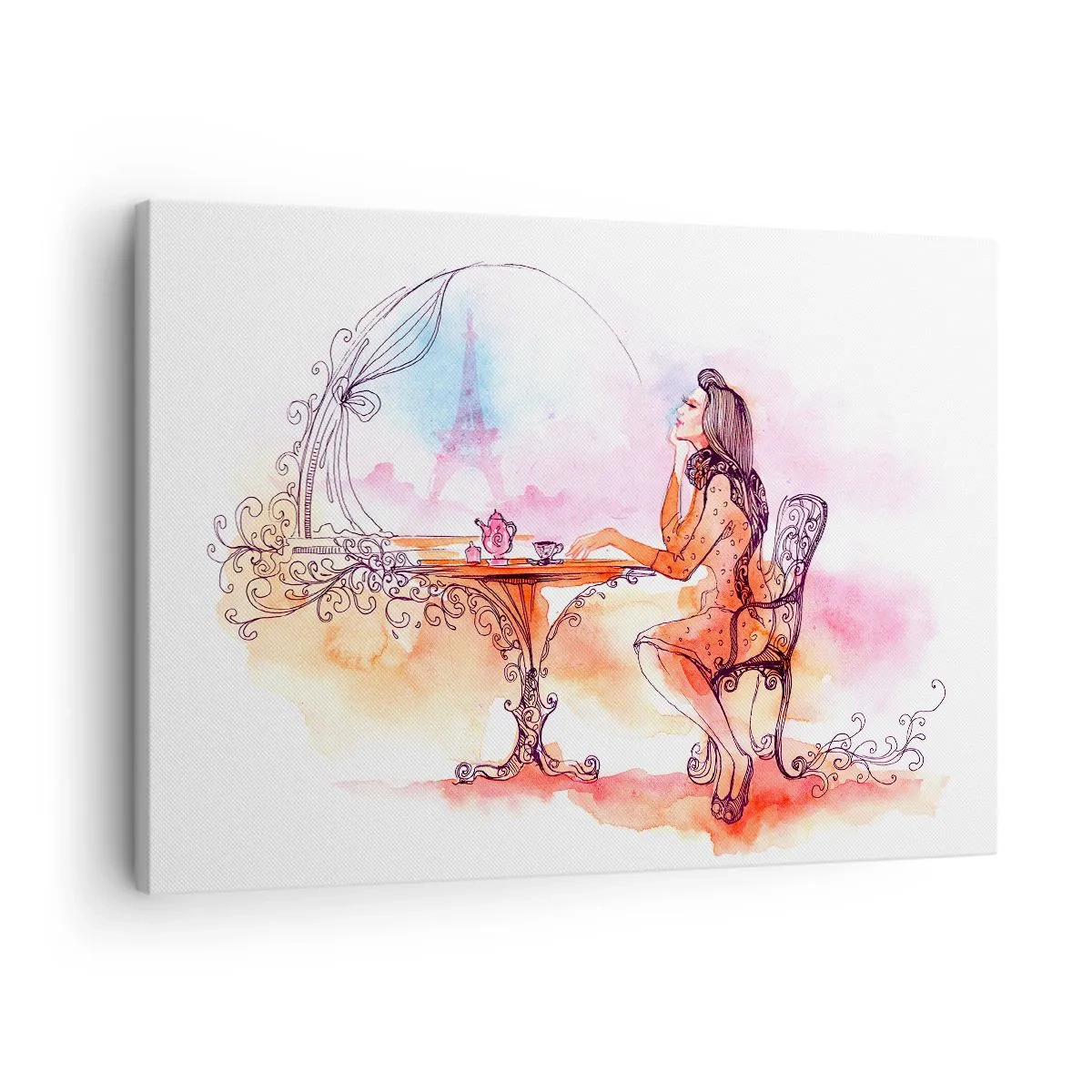 Vászonkép - Romantikus akvarell egy nőről egy toronyra néző kávézóban - 70x50cm - Párizsi sikk - Modern fali dekoráció nappalihoz és hálószobához ARTTOR