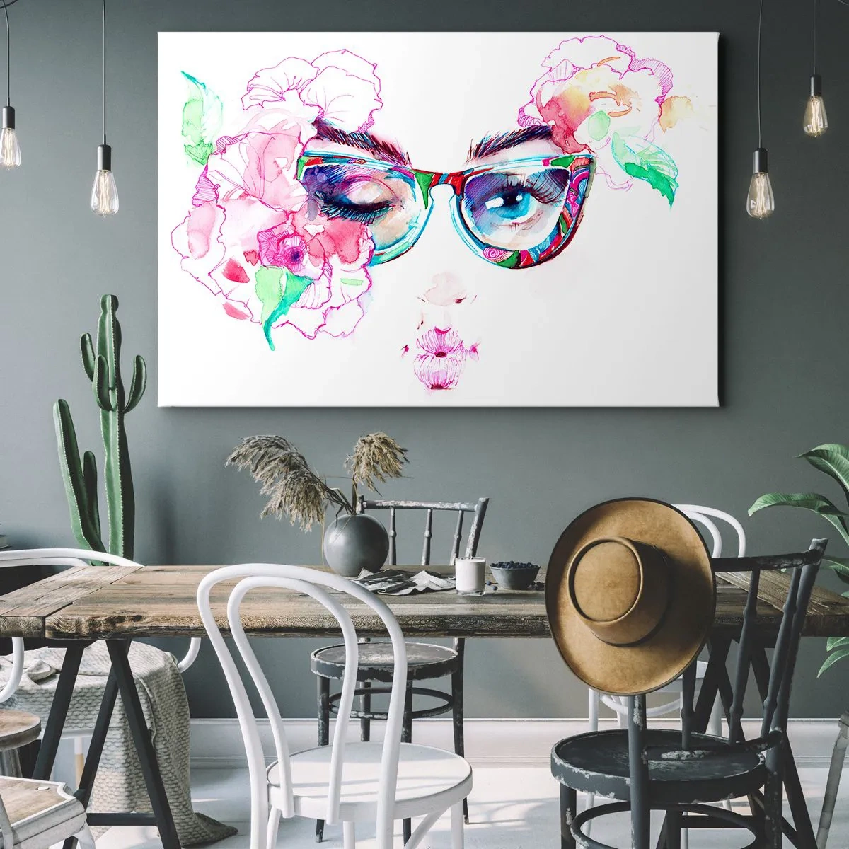 Vászonkép - Akvarell arc színes szemüveggel és virágokkal - 70x50cm - Csábító ígéret - Modern fali dekoráció nappalihoz és hálószobához ARTTOR