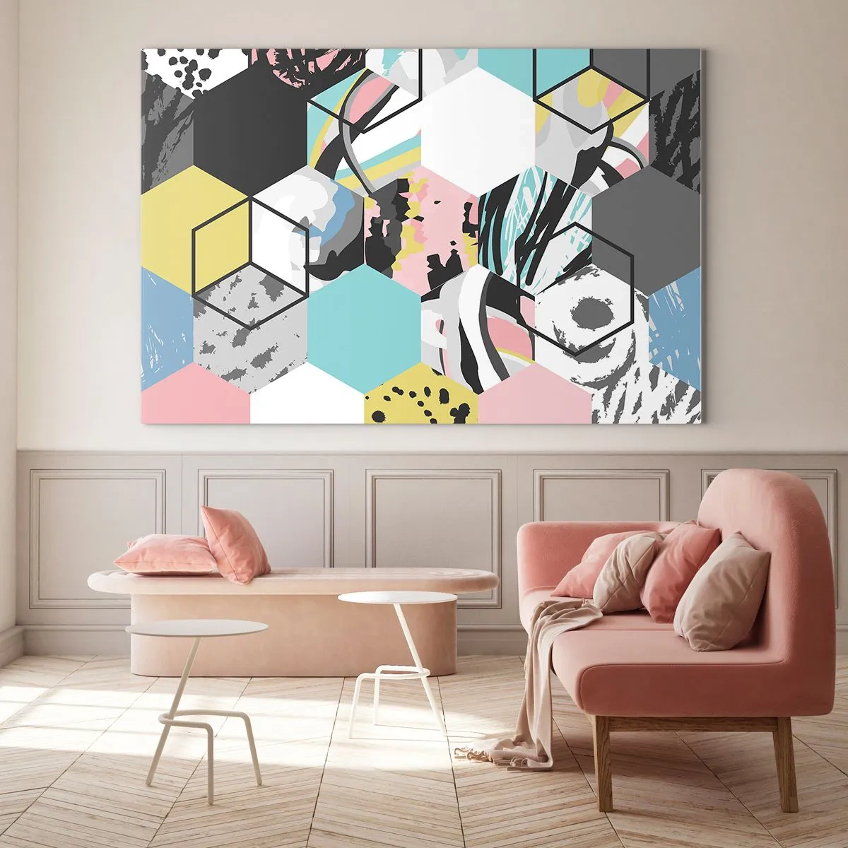 Üveg kép - Színes kockák és hatszögek modern kompozícióban - 70x50cm - Hatszögek és kockák hat színben - Modern fali dekoráció nappalihoz és hálószobához ARTTOR