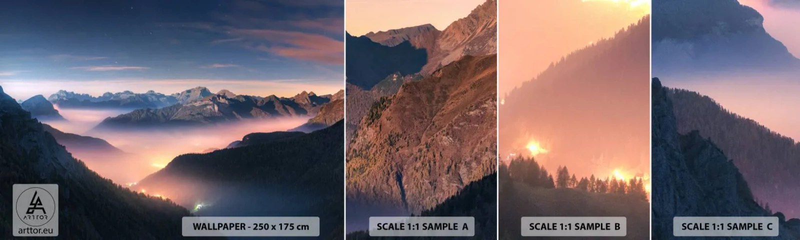 Fotótapéta Minta Standard Eco - Fény a völgyekben - Tájkép, Hegyek, Erdő - 100x30 cm