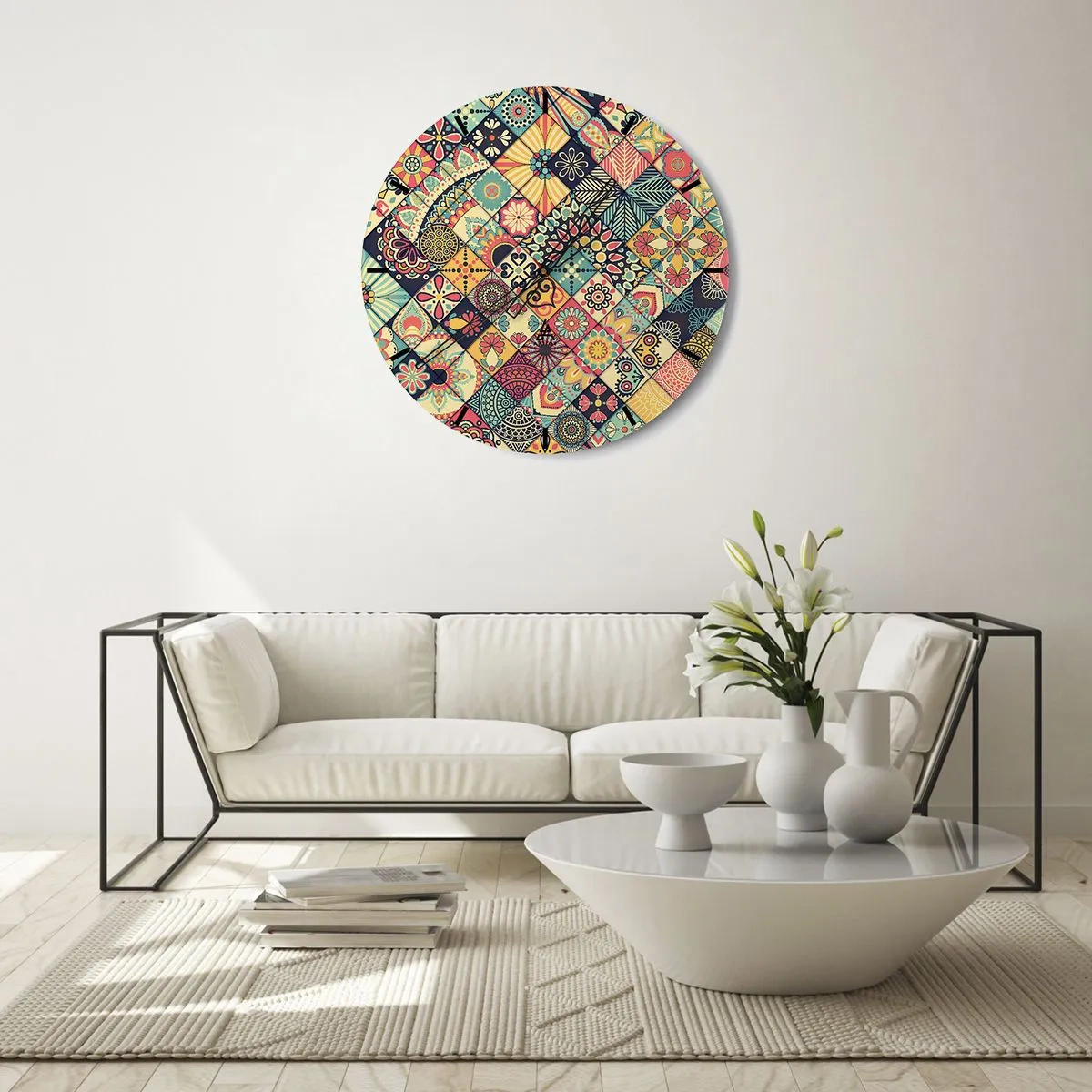 Falióra, Óra - Színes patchwork motívum geometrikus mintákkal - 30x30cm - Marokkói hangulat - Modern fali dekoráció nappalihoz, konyhához és hálószobához ARTTOR