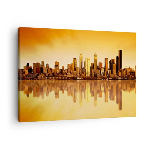 Vászonkép - Városi panoráma tükröződik a vízben naplementekor - 70x50cm - A metropolisz csendje - Modern fali dekoráció nappalihoz és hálószobához ARTTOR