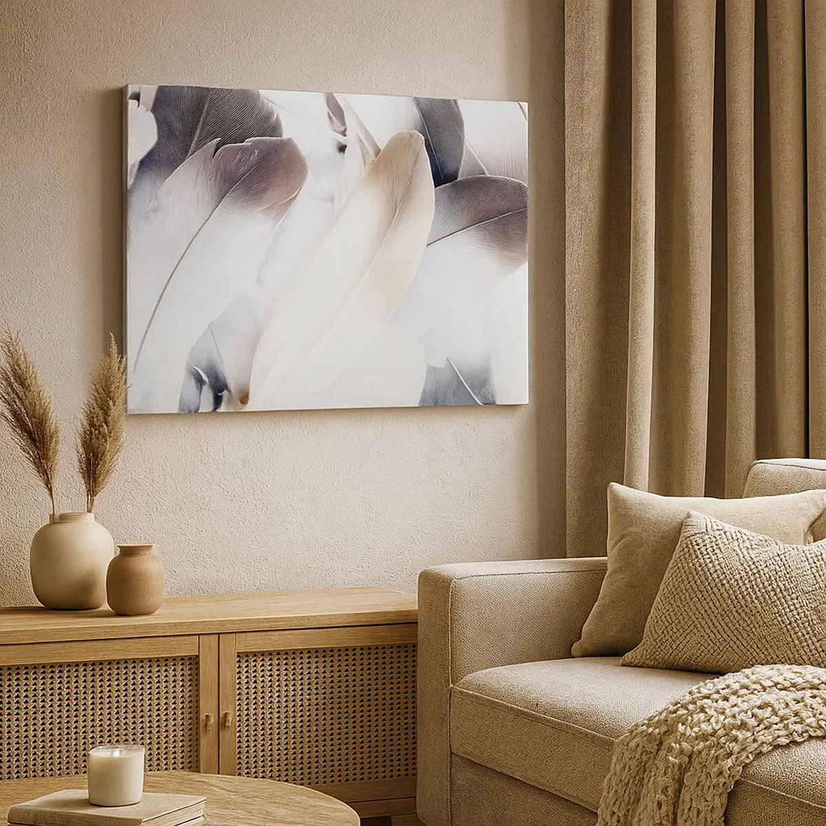 Vászonkép - Finom tollak közeli képe fehér és szürke árnyalatokban - 70x50cm - Szinte angyali - Modern fali dekoráció nappalihoz és hálószobához ARTTOR