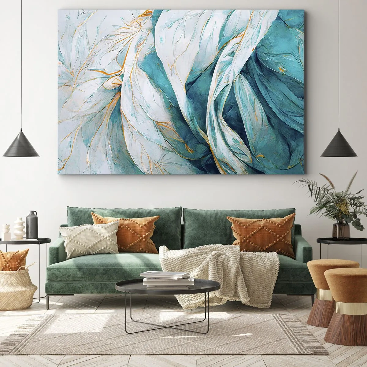 Vászonkép - Absztrakt kék levelek arany részletekkel - 70x50cm - Kék absztrakció arany motívummal - Modern fali dekoráció nappalihoz és hálószobához ARTTOR