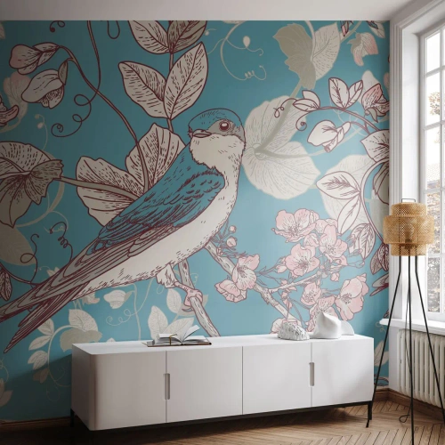 Öntapadós Fotótapéta Deluxe Sticker - A vörös és ezüst tűlevelűben - Absztrakció, Nyel, Madár - 350x256 cm