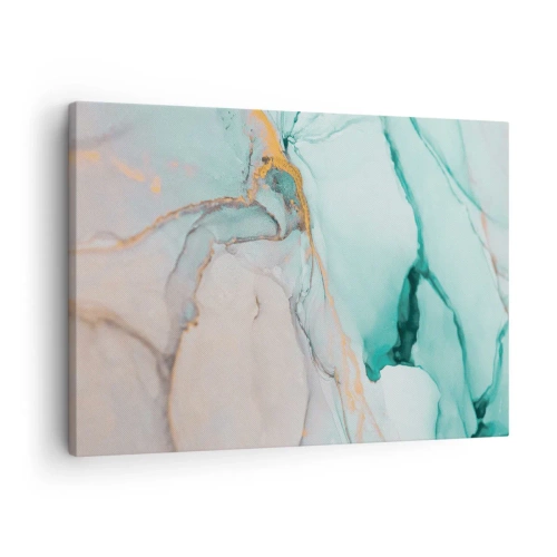 Vászonkép - Egy absztrakt kompozíció türkiz és arany árnyalatokban. - 70x50cm - Formák és színek tánca - Modern fali dekoráció nappalihoz és hálószobához ARTTOR