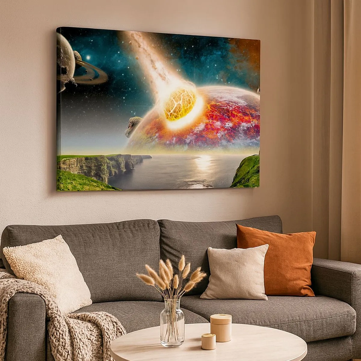 Vászonkép - Egy meteorit ütközik egy bolygóval egy kozmikus tájban. - 70x50cm - Kozmikus dráma - Modern fali dekoráció nappalihoz és hálószobához ARTTOR