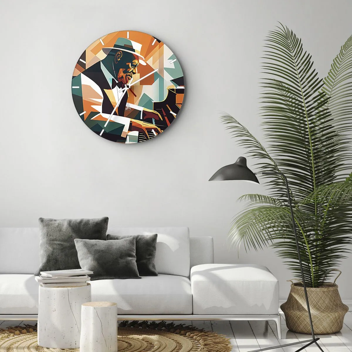 Falióra, Óra - Jazz-zenész a zongoránál geometrikus stílusban - 30x30cm - Minden, ami jazz - Modern fali dekoráció nappalihoz, konyhához és hálószobához ARTTOR