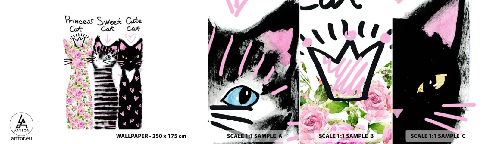 Fotótapéta Minta Öntapadós Deluxe Sticker - Volt egyszer három macska - Gyerekeknek, Macska, Állatok - 100x30 cm