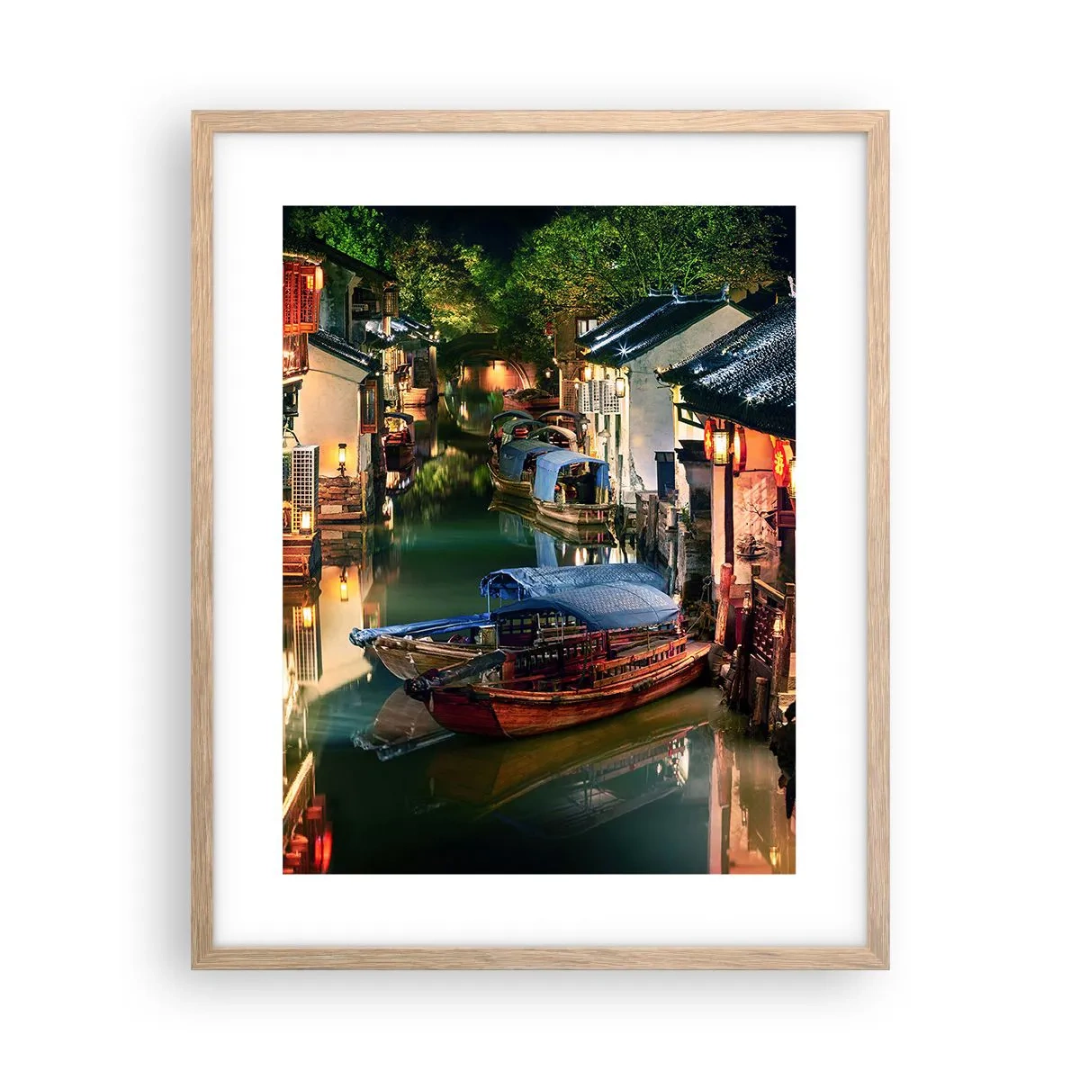 Poszter világos tölgy keretben - Este egy kínai utcán - 40x50 cm