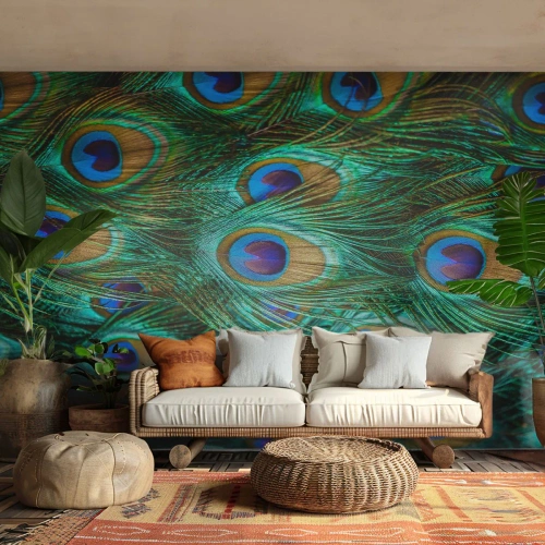 Fotótapéta Premium Sand - Pávaszemű pillantás - Absztrakció, Pávatollak, Madártoll - 250x175 cm