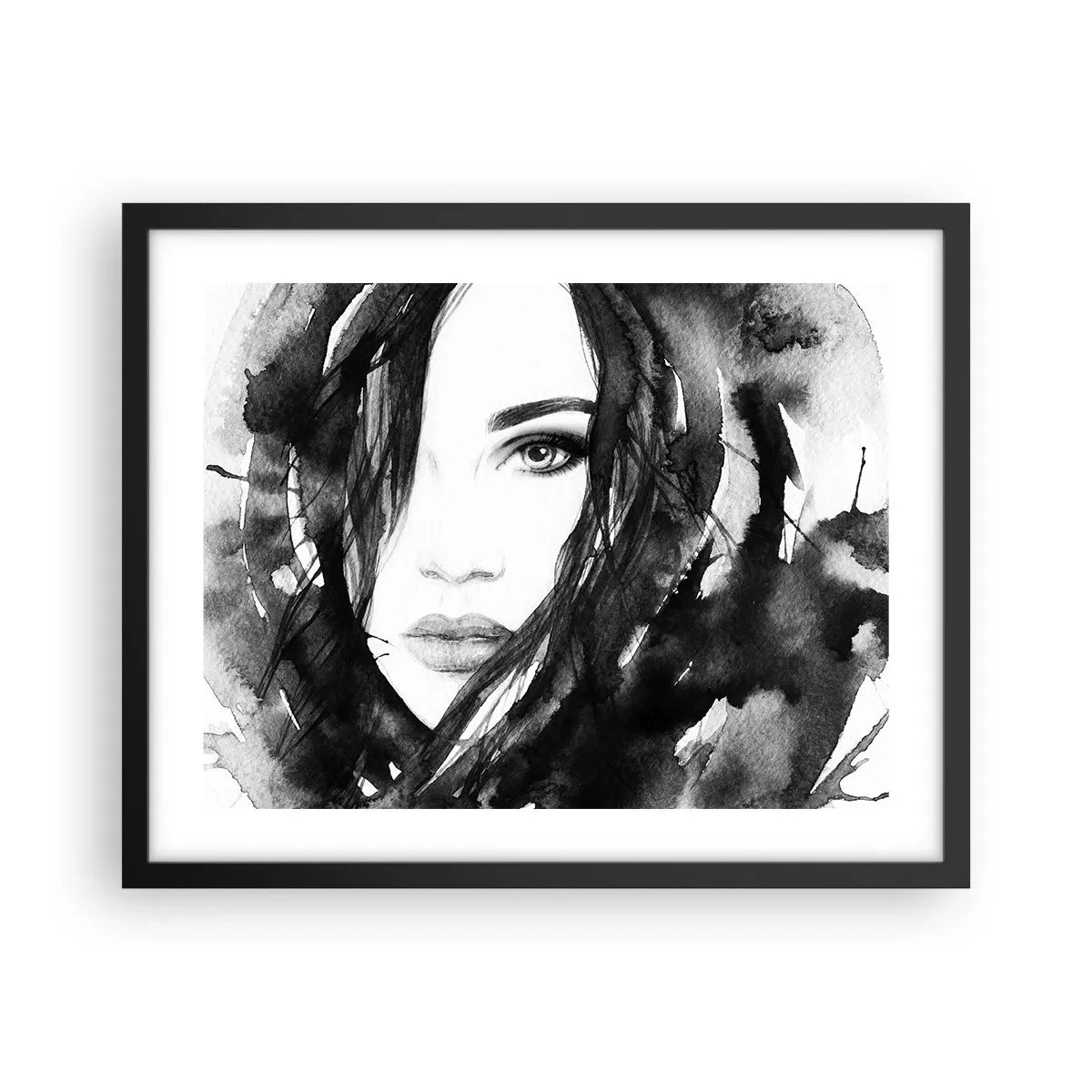 Poszter fehér keretben - Fekete-fehér hölgy portréja - 50x40 cm