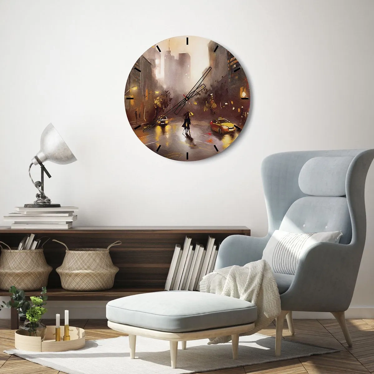 Falióra, Óra - Egy városi utca meleg árnyalatokban esőben - 30x30cm - New York fényében - Modern fali dekoráció nappalihoz, konyhához és hálószobához ARTTOR