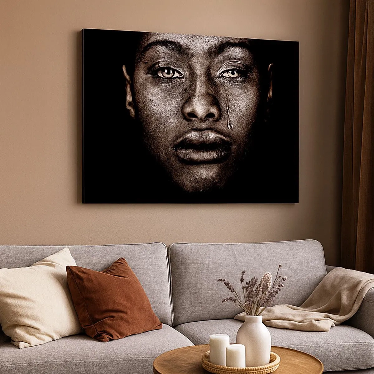 Vászonkép - Egyetlen könnycseppel a fekete háttér előtt ábrázolt arc portréja - 70x50cm - Egy könnycsepp - Modern fali dekoráció nappalihoz és hálószobához ARTTOR