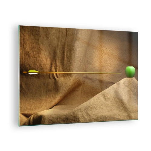 Üveg kép - Egy zöld alma bézs alapon, egy nyíllal átszúrva. - 70x50cm - Idézd elő William Tell szellemét - Modern fali dekoráció nappalihoz és hálószobához ARTTOR
