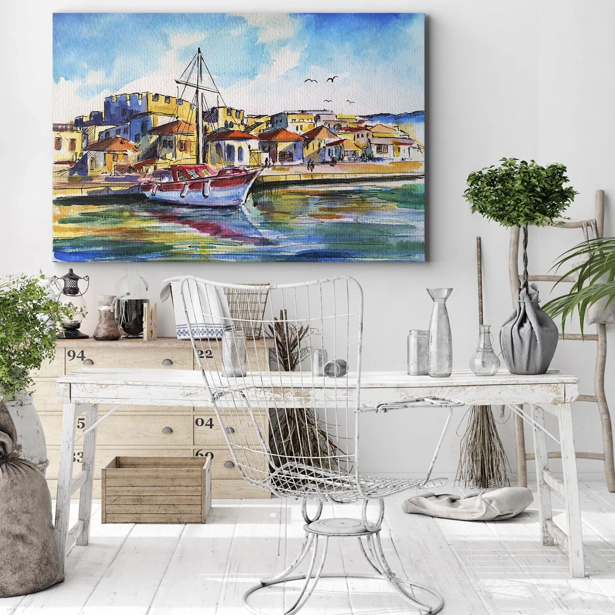 Vászonkép - Egy festői kikötő hajóval és színes épületekkel - 70x50cm - Szivárványos délután - Modern fali dekoráció nappalihoz és hálószobához ARTTOR