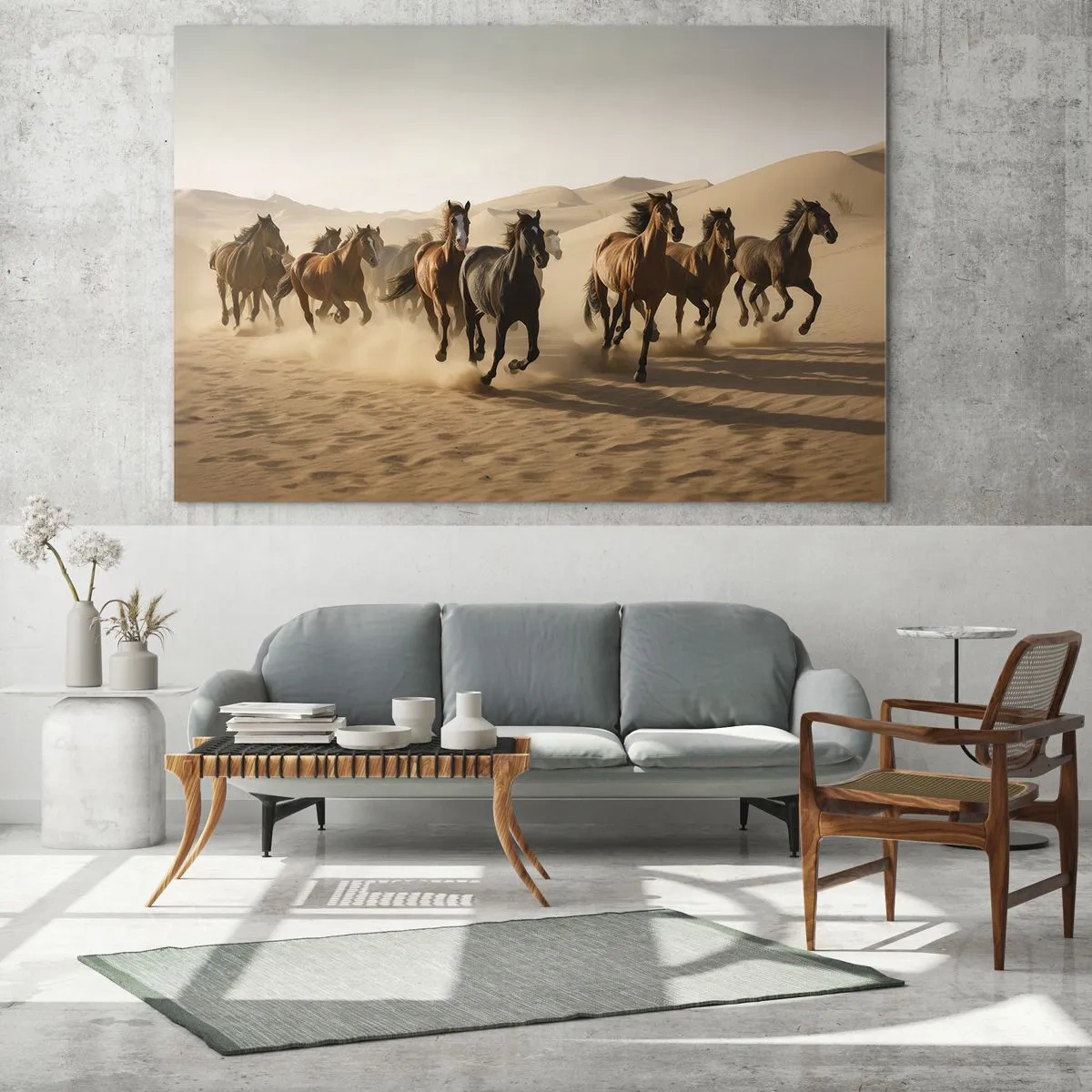 Üveg kép - Vágtató lovak csordája a sivatagban, a homokdűnék között - 70x50cm - Szabad, mint a szél - Modern fali dekoráció nappalihoz és hálószobához ARTTOR