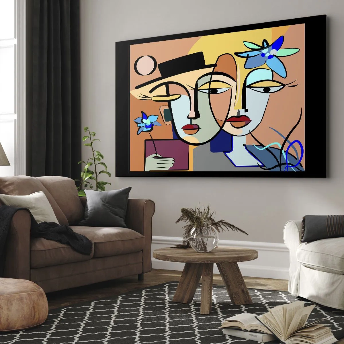 Vászonkép - Élénk színű, virágmotívumos kubista portrék - 70x50cm - Picasso randez vous - Modern fali dekoráció nappalihoz és hálószobához ARTTOR