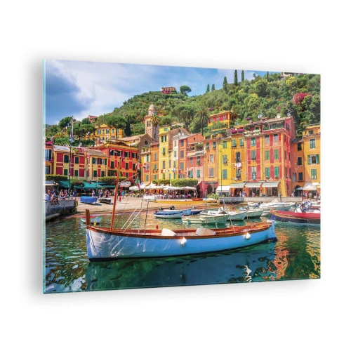 Üveg kép - Színes épületek a kikötő mellett egy festői városban - 70x50cm - Olasz délelőtt - Modern fali dekoráció nappalihoz és hálószobához ARTTOR