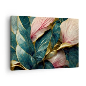Vászonkép - Elegáns levelek zöld, arany és rózsaszín színben - 70x50cm - Természetes elegancia és stílus - Modern fali dekoráció nappalihoz és hálószobához ARTTOR