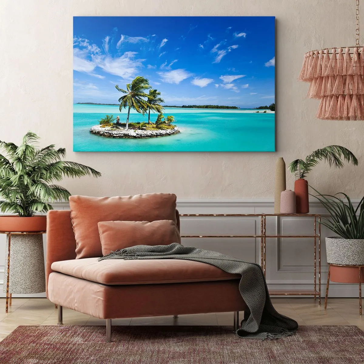 Vászonkép - Egy egzotikus sziget pálmafákkal türkizkék vízben - 70x50cm - Földi paradicsom - Modern fali dekoráció nappalihoz és hálószobához ARTTOR