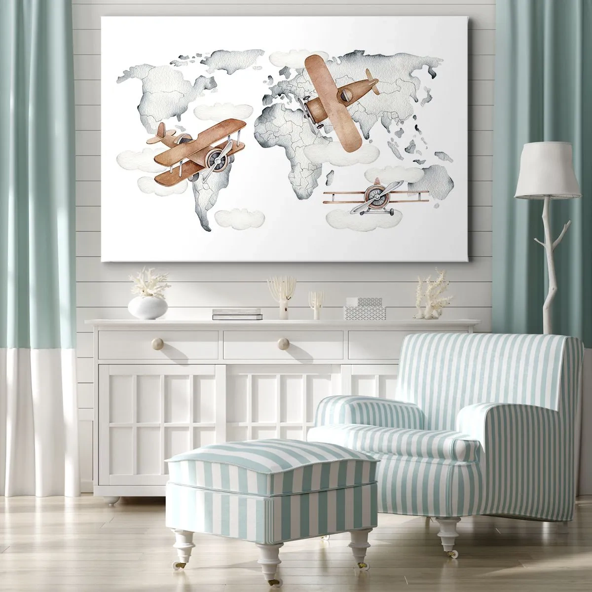 Vászonkép - Repülőgépekkel ellátott világtérkép illusztrációja - 70x50cm - Úttörő szellemben - Modern fali dekoráció nappalihoz és hálószobához ARTTOR