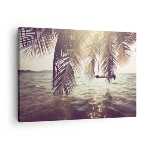 Vászonkép - Pálmafa hintával a víz felett a napfényben - 70x50cm - Tetszés szerint hintázhat a felhők között - Modern fali dekoráció nappalihoz és hálószobához ARTTOR