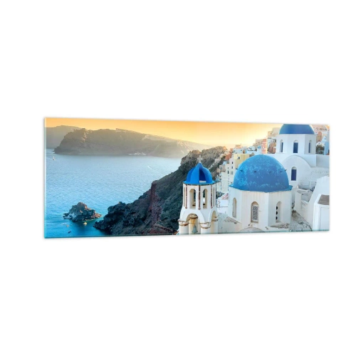 Üveg kép - Santorini – rásimulva a sziklákra - 140x50 cm