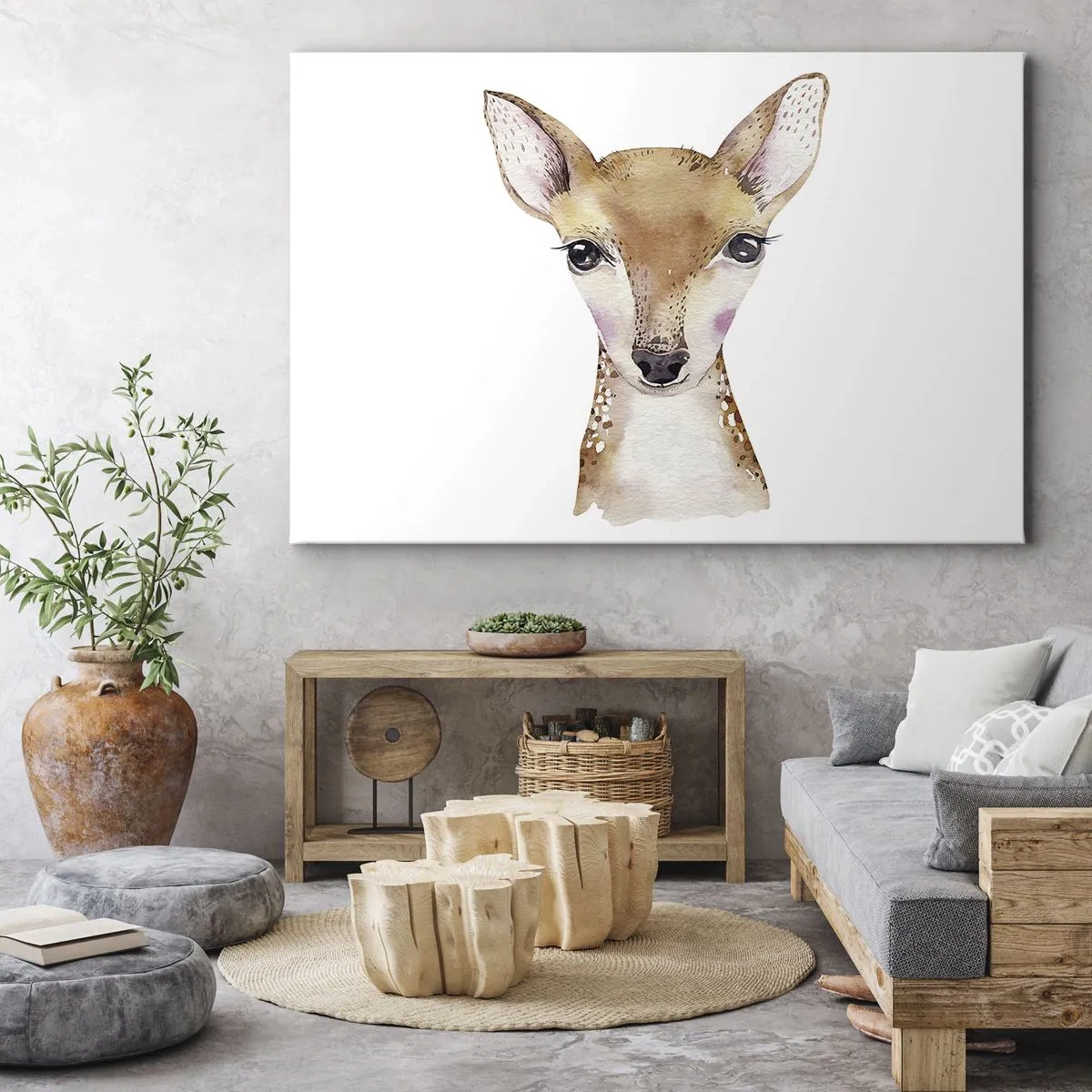 Vászonkép - Akvarell portré egy fiatal őzről fehér alapon - 70x50cm - Az ártatlanság természete - Modern fali dekoráció nappalihoz és hálószobához ARTTOR