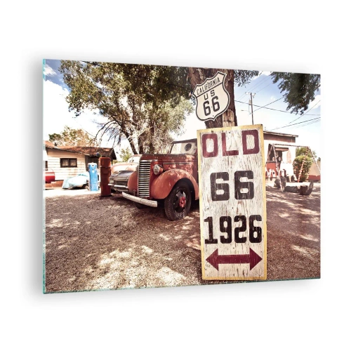 Üveg kép - Oldtimer és retro Route 66 tábla - 70x50cm - Az amerikai tartomány legendája - Modern fali dekoráció nappalihoz és hálószobához ARTTOR