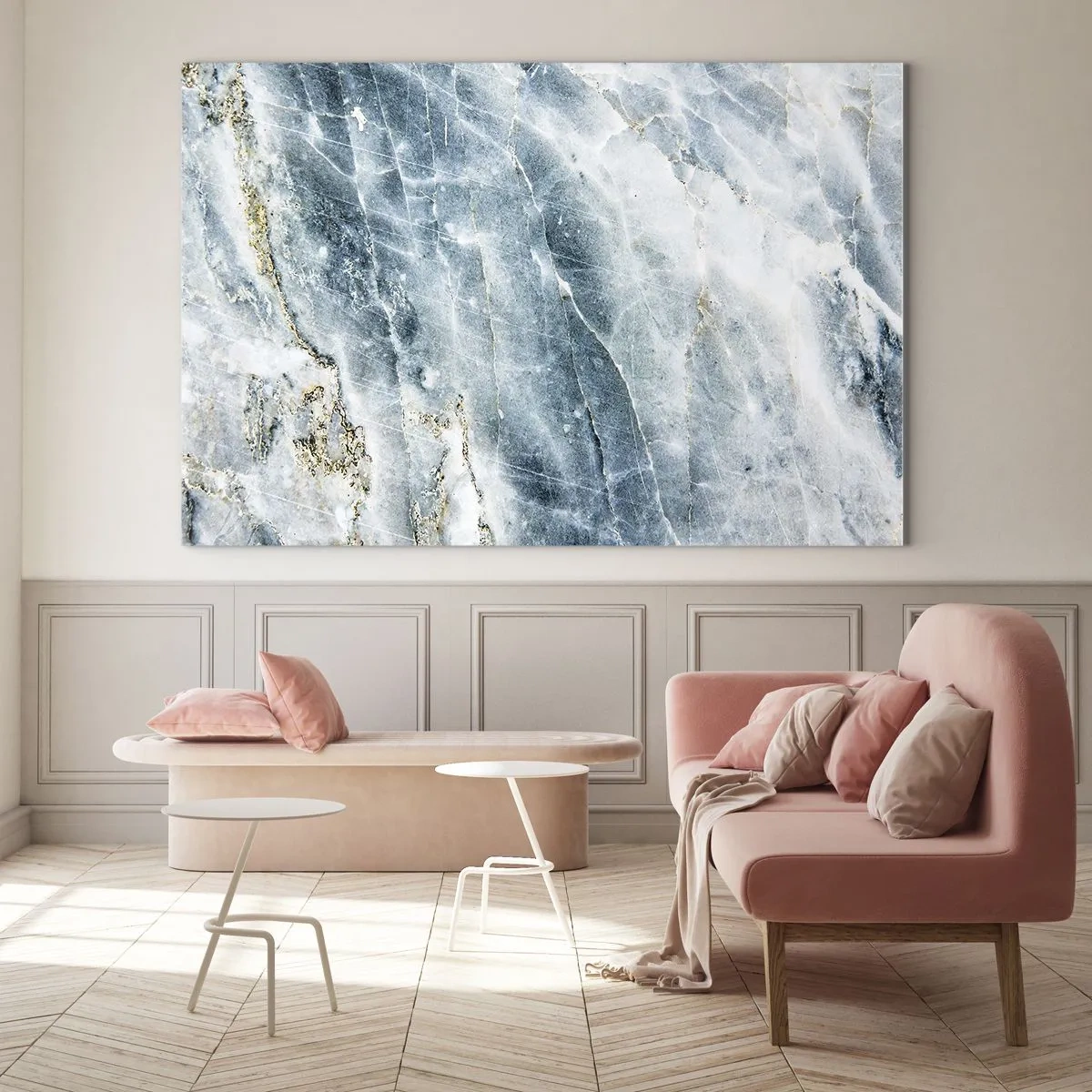 Üveg kép - Absztrakt jég márvány textúra kék és fehér árnyalatokban - 70x50cm - Jégvilág - Modern fali dekoráció nappalihoz és hálószobához ARTTOR